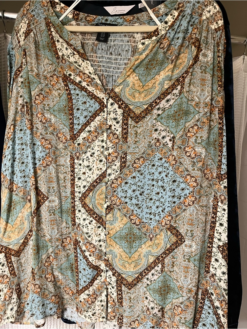 Cynthia Rowley Blue Cream and Brown Paisley Patchwork Button-Down Shirt